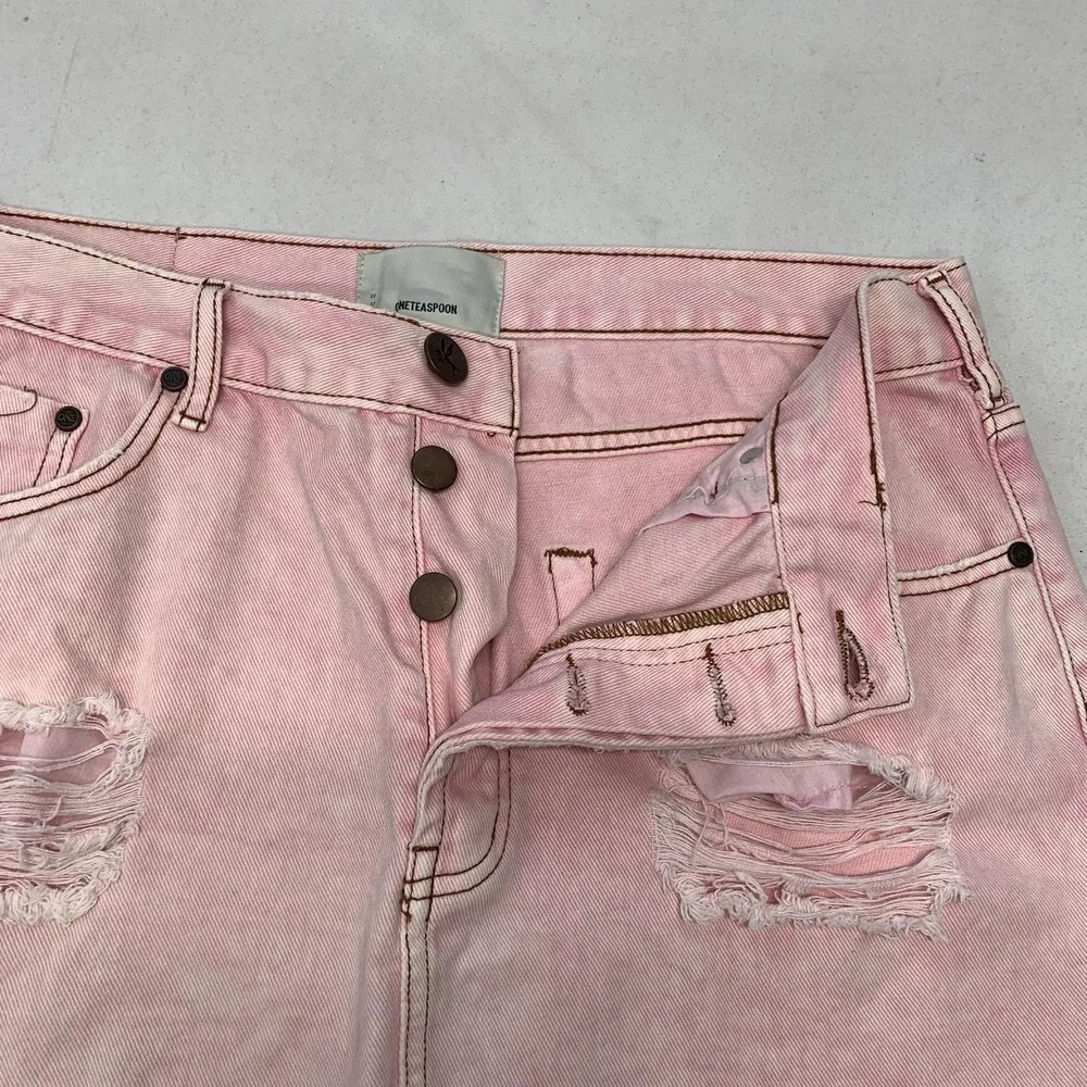 One Teaspoon Pink Denim Mini Skirt Button Fly Sz 30 Fray Hem Pockets 100% Cotton